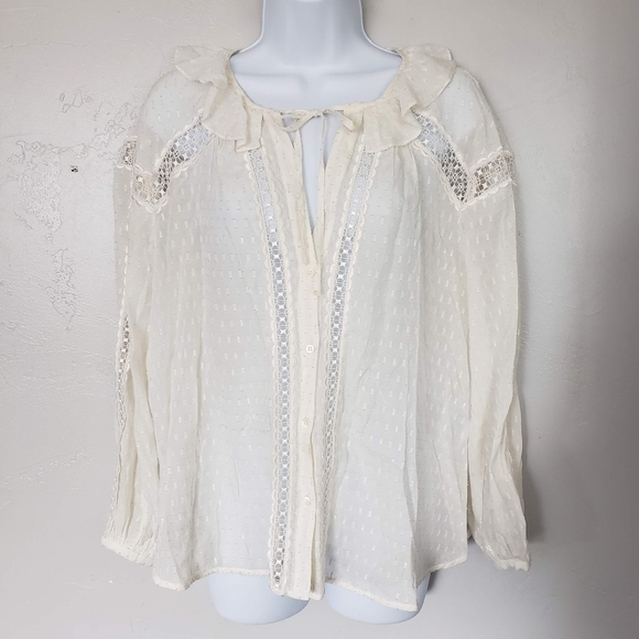 Sandro Women's 2 Ivory Long Sleeve Button Up Blouse Metallic Gold Silk Blend Top - Picture 1 of 11